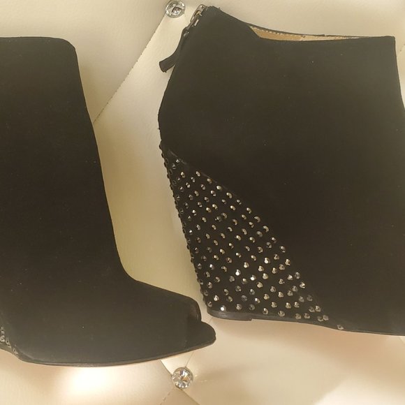 size 37 Sexy Black Crystal Black Suede wedge Bootie/heels, open tow. 1971 Reiss - Picture 9 of 10